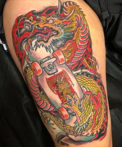 Matt Klass Dragon and Skateboard Tattoo